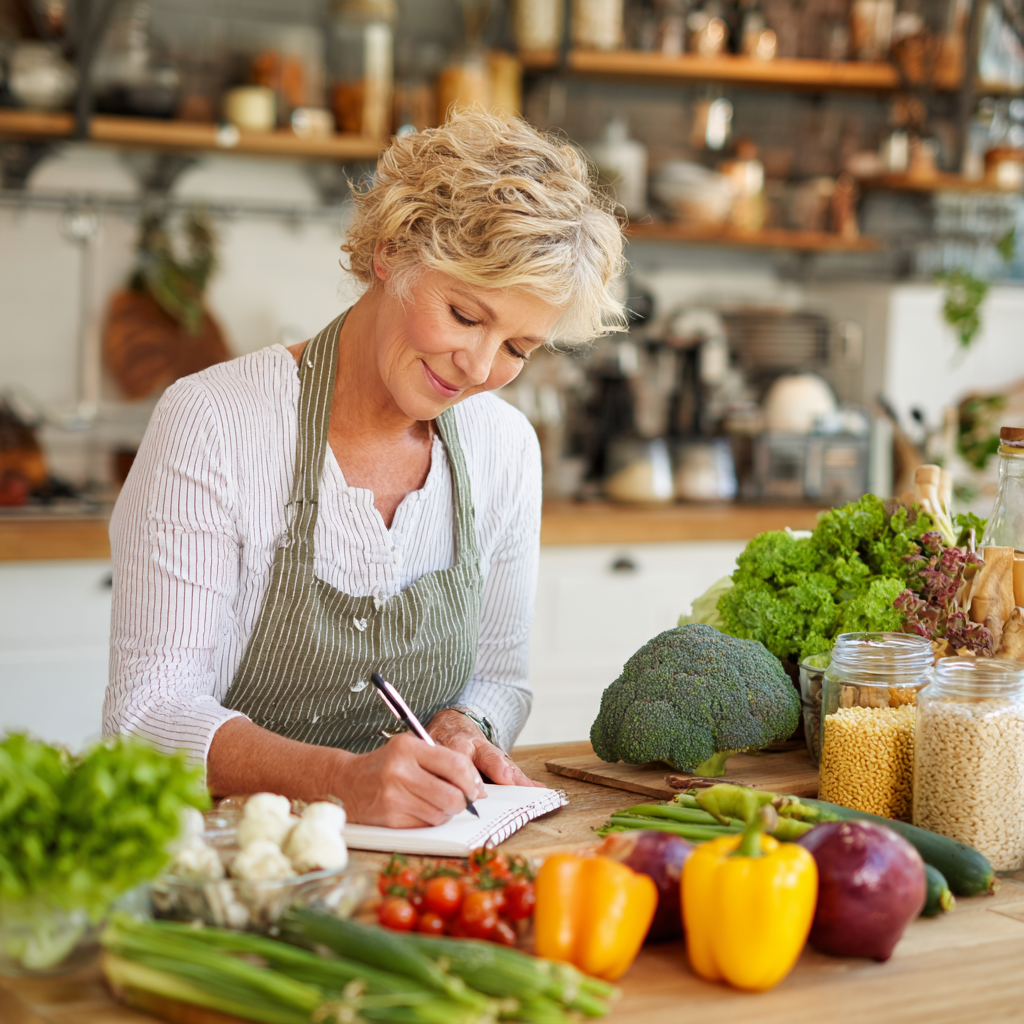 middle-aged woman planning healthy meals with fresh vegetables and grains on kitchen counter