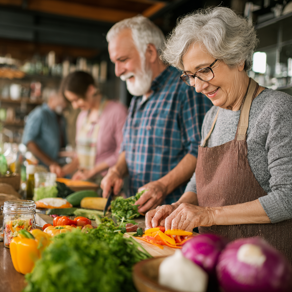 senior adults preparing colorful healthy meals together in modern kitchen with various fresh ingredients